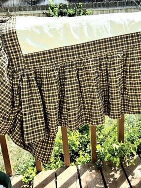King Size Bed Skirt Country Plaid Brown & Blue Cotton Muslin Primitive Farmhouse